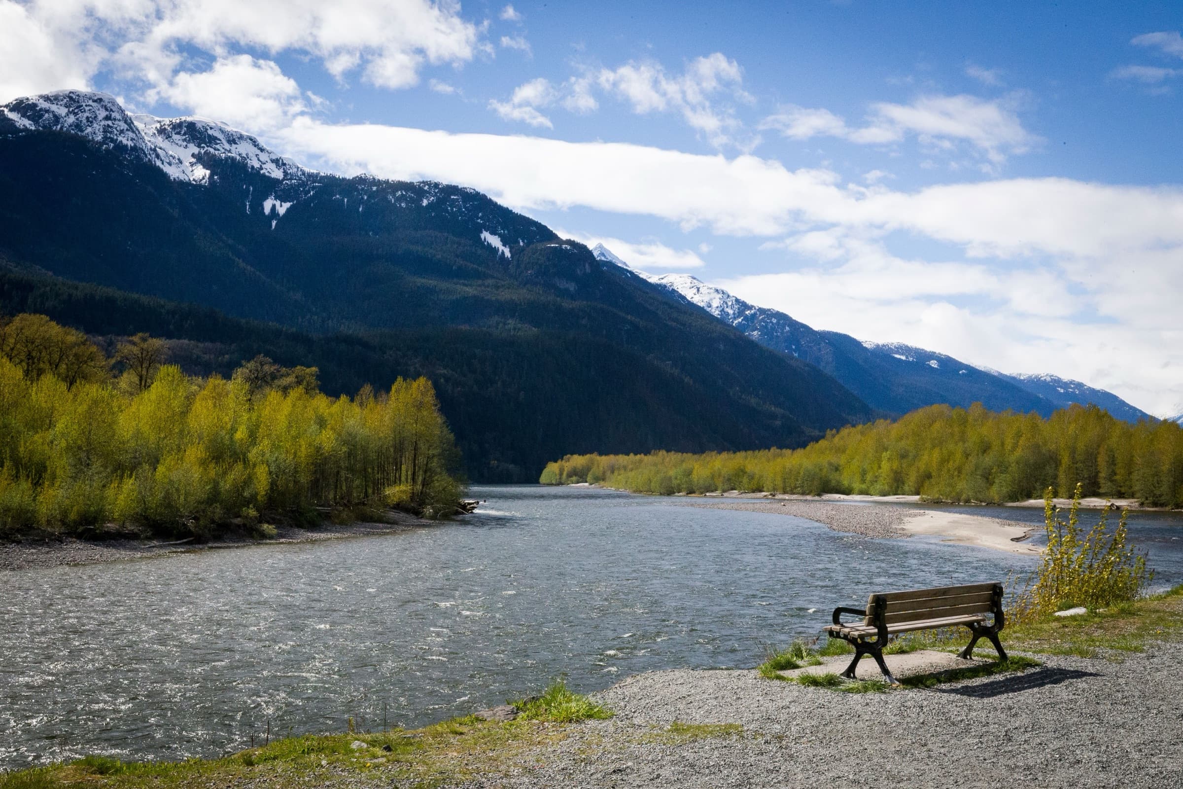 The Squamish river valley framed by snow-capped Coast Mountains